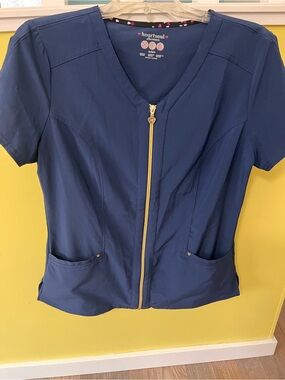 HeartSoul Navy Zip-Front Scrub Top with Gold Zipper